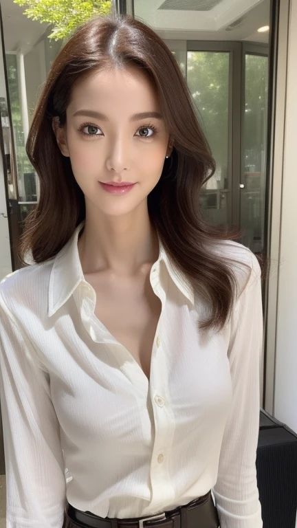 ((Best quality, 8k, Masterpiece :1.3)), 1girl, beautiful woman with emphasis on plump abs: 1.3, (dark brown hair, big breasts: 1.2), (white blouse, sitting on the couch :1.2), ultra-delicate face, delicate eyes, double eyelids, smile, home,