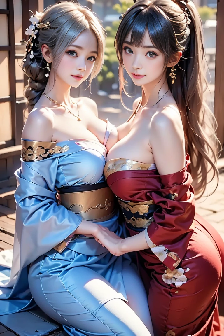 (msterpiece:1.3), (8k, RAW photo, best quality: 1.4), beautiful face, beautiful hairstyle, beautiful detailed eyes, beautiful skin, absurdres, attractive, ultra high res, highly detailed,NSFW, 3 girls in abandoned underground basement, big breast,facial close up,necklace,arms behind back,evil smile,knife,light long hair, ultra detailed skin,Heavy makeup, flower hairpin, naked,colorful patterned lace dress, dirty ground,on a rock,bondage,dirty rock,half body,