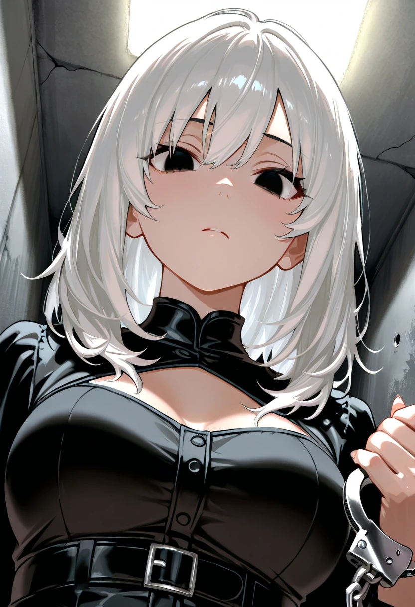 score_9, score_8_up, score_7_up, BREAK, 1girl, solo, big breasts, breasts, "Old", deadmanshiro, deadman shiro, albino, hair between eyes, long hair, (red eyes:1.5), white hair, smile, grin, BREAK, bodysuit, collar, skin tight, BREAK looking at viewer, BREAK indoors, prison, prison cell, BREAK (masterpiece:1.2), best quality, high resolution, unity 8k wallpaper, (illustration:0.8), (beautiful detailed eyes:1.6), extremely detailed face, perfect lighting, extremely detailed CG, (perfect hands, perfect ???????), Big bouncy breasts