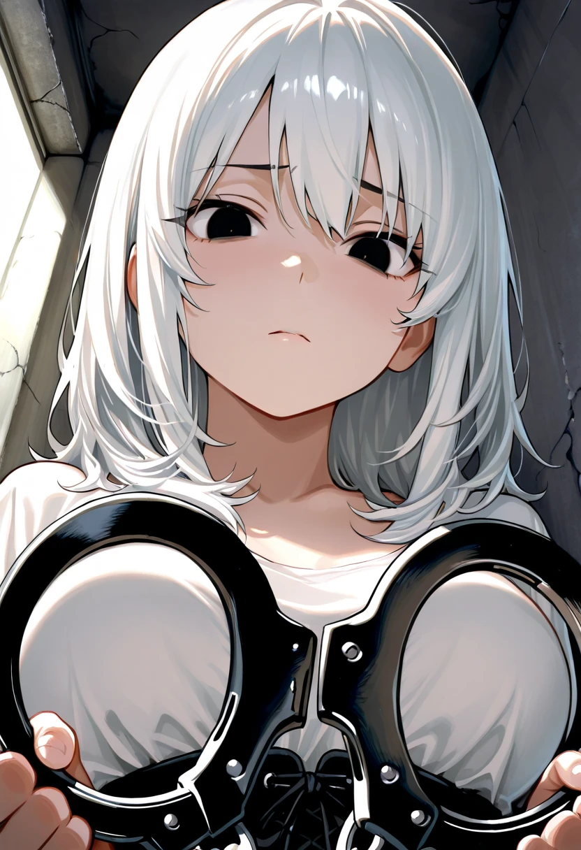 (absurdres, 8k, 4k, masterpiece, hyper extreme detailed:1.2), solo, 1girl, front view, portrait, best quality, perfect face, 1girl, portrait, solo, standing, Female, toned body, mature female, EJP breasts, , long hair, extremely detailed, hair over one eye, delinquent, sarcastic, swept bangs,gag, bitgag,standing up, , prison, (Futuristic, severe), woman wearing a straitjacket, white straitjacketwhite rough hair,Full body restraint,lap belt,gagged,bitgag, Restraint belts here and there ,arms bound, Confined,Red face, prison( Woman in the center of the room),in the jail,(arms behind back:1.5),dark background ,the viewer is holding her on a leash, leather collar, padlock, leather leash, submissivethe ,viewer is holding her on a leash, stroll_with_girl,stroll_with_priponer,viewer is holding her on a leash,(Chain leash, collar, Viewer Holding leash:1.4)