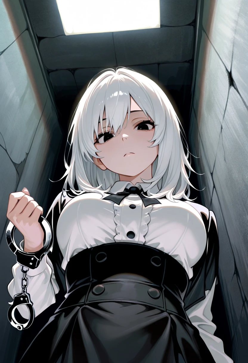 CUM ALL OVER, TIT fucking cock, pov, white hair, masterpiece, best quality, 1 girl, supine, kneeling, pale skin, messy hair, red eyes, glowing eyes, creepy, creepy smile, crazy expression, blood on face, naked, creepy, scary, blood, horror, light particles, night, iron bracelets with chains