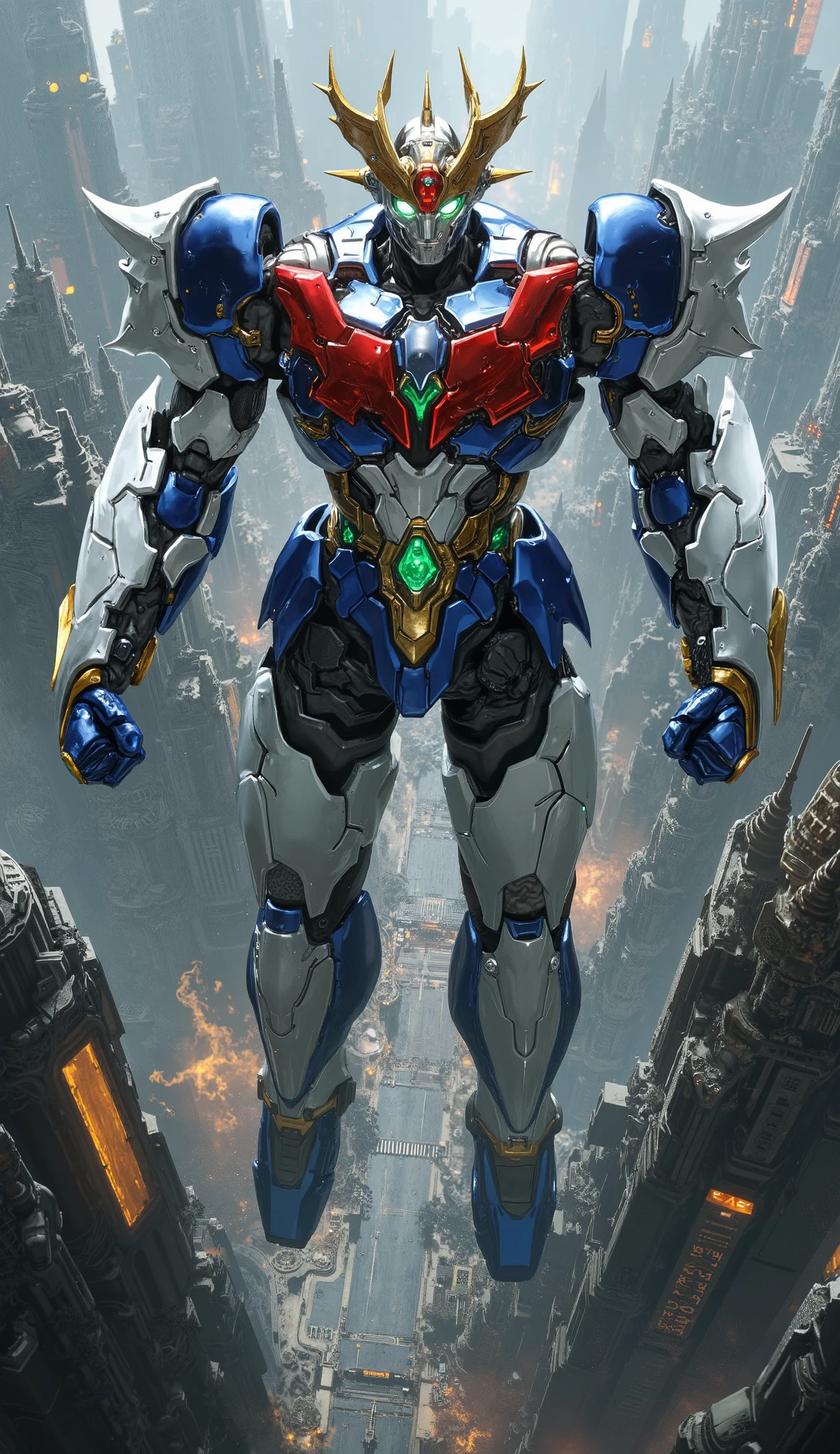 A full-body portrait of a biomimetic humanoid Mecha, distinctly male in form, standing and levitating majestically high above a vast, intricately detailed futuristic sci-fi cityscape. The Mecha is clad in full organic biotech armor, primarily brilliant white and deep sapphire blue, with striking crimson red and polished gold accents. Key features include glowing emerald green eyes, fully enclosed shoulder pauldrons, articulated arm and leg guards, and embedded crystalline gemstones. Its design is a masterful fusion of heavy-duty protection and sleek agility, inspired by legendary Super Robot archetypes, with sections of the armor emitting a soft, internal glow.
Art Style: Baroque Mecha Futurism. A digital masterpiece that intricately blends the ornate, lavish details and dramatic compositions of Baroque art with the sleek, powerful forms of futuristic mecha design. Rendered with intense chiaroscuro lighting reminiscent of Caravaggio, yet infused with the sharp lines and dynamic energy of contemporary high-end anime concept art.
Visuals: Symmetrical design, hyper-detailed craftsmanship, exquisite metallic and bioluminescent textures, dynamic cinematic atmosphere, ultra-high resolution (UHD, 32k), professional award-winning concept design quality.