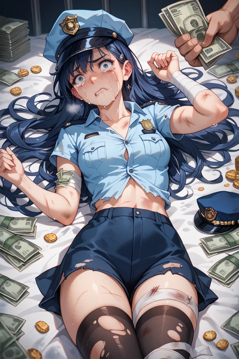 Masterpiece, hyper detailed 8k, perfect anatomy, lying, 2rich Short black haired girls nude, money and gun on bed, looking at viewer, slender body, blue eyes, flashing Pussy, showing Titties, seductive blush smiling, arms up, from below, young and very pretty girl, sheer, gleaming skin, upper tits, on gray colored bed, (accurate depiction of real girls Pussy and breasts), money and gun on bed, full body shot, girls wearing black high heels, diamond ring, golden earrings, golden watch, pearl necklace, navel piercing on belly button and Christina piercing on her pussy, only small pearl white bra, sexy bangles, straight legs, Spreading her pussy, full body shot, black short hair