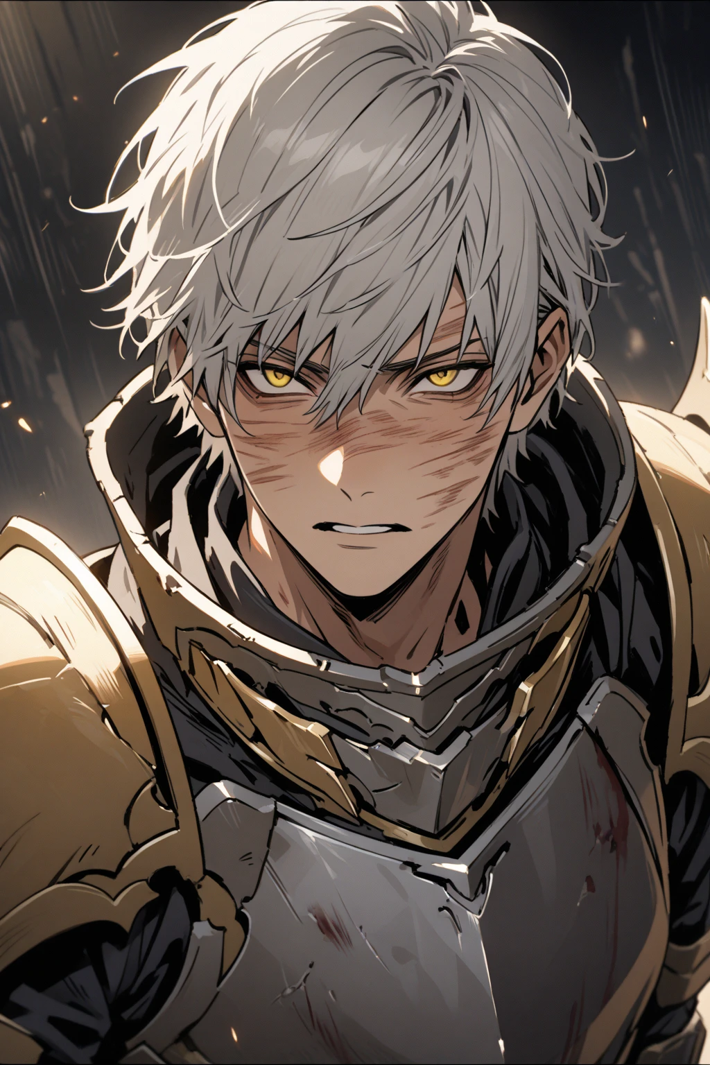 1 person，monologue，African black，Dark black skin，Handsome man, Silver hair tied behind the body，Silver-haired monster hunter，Both eyes are amber like a cat,There are some injuries on the face，Rugged，muscular，Worn-out clothes、Black leather armor with battle scars，It is decorated with trinkets and trophies from past hunts.，There are claw marks and teeth embedded in the leather armor.， Amber glowing eyes, Amber Halo, Handsome, high quality,