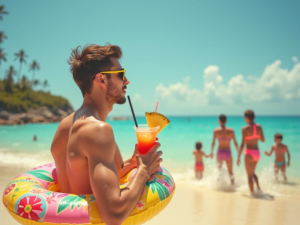 young, beautiful, elegant, white, skinny, elegant shirtless face standing, ,Shirtless man wearing pink swim trunks at the beach holding a beach ball in his hand under his armpit while a large crowd applauds him and celebrates with bubble guns around him during a male fashion show.