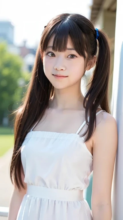 ((smile))、Confused、RAW Photos、(((The ultimate portrait masterpiece)))、((The cutest girl in the world:1.4))、1 girl、14 years old、Japanese、Cute face、((Silky Hair))、(A high ponytail tied with a ribbon:1.4)、((32C breasts:1))、((bright hazel eyes that shine like jewels))、Glowing Skin、(young woman),unbuttoned blouse、(open white blouse:1.4)、white blouse、no tie, blouse unbuttoned, eyeliner、Beautiful Bangs、Detailed Background、Digital SLR、Soft Light、high solve、Fujifilm XT3、Shallow depth of field、Natural Soft Light、Narrow waist,(Beautiful girl with sparkling eyes:1.4) ,(The idol-like cuteness of high school girls:1),(Frill-loving idol:1.3),(Ultra Dynamic:1),