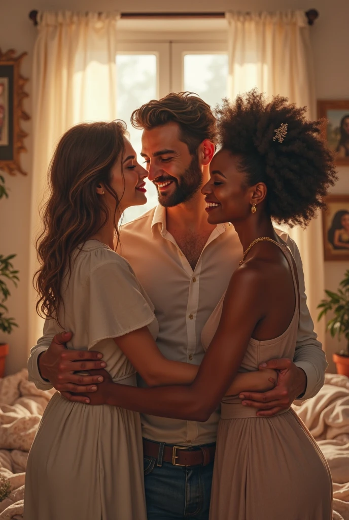 Generate an image of a black handsome man being touchy and intimate with his black friends in a nice interior
