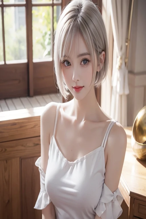 cute face, white hair, 18 years old, Japanese, raw photography, smile, daytime, one girl, big eyes that shine like jewels, cute clothes, plump milk, glossy glossy skin, medium hair, top quality, intricate-detail, high resolution, highly detailed, neat and clean, elegant graceful,in the metropolitan city