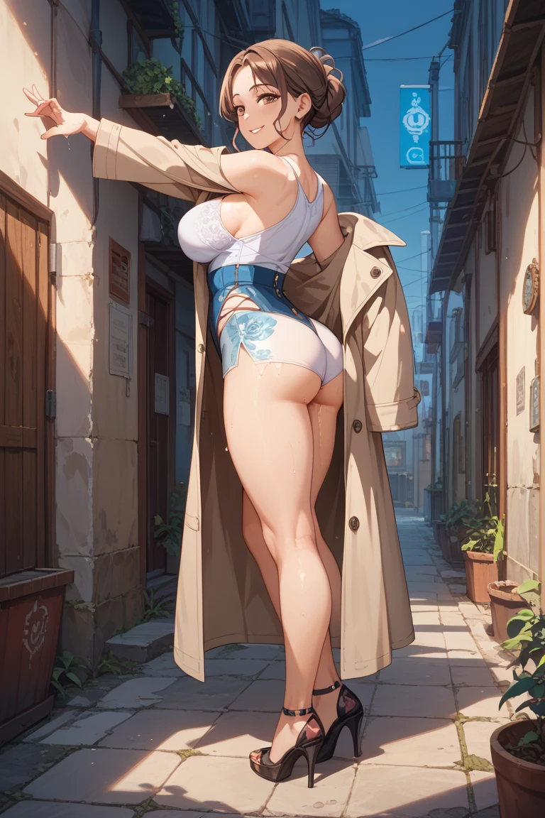 ((masterpiece, best_quality)), (photorealistic:1.4), solo, 1 girl, ruin_background, blue_hair, short_hair, ponytail, zettai_ryouiki,(white long-big ribbon accessories at the back of head), (mustard camisole with sleeves rolled), outline nipple can be seen through the clothes, areola bulge, high cut heels boots, belly, crotch gap, cameltoe ,shiny skin, sweaty skin, nose blush, belt underboob, underboobs, metal arms band, shoulder metal cover , skirt, nsfw