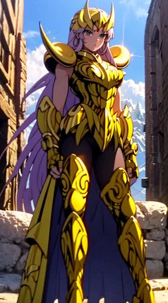 Create a high-quality image of a woman wearing full-body golden armor. She is depicted in a majestic pose, proudly standing amidst a grandiose backdrop. Her armor gleams with the brightness of gold, reflecting the sunlight streaming through the clouds. Her hair cascades over her shoulders, framing her determined and confident face. In her hands, she holds a sword or shield, ready to defend her cause with bravery. In the background, an epic landscape of towering mountains and a vast, infinite sky. This woman is a vision of power and nobility, a fearless leader ready to face any challenge that comes her way.