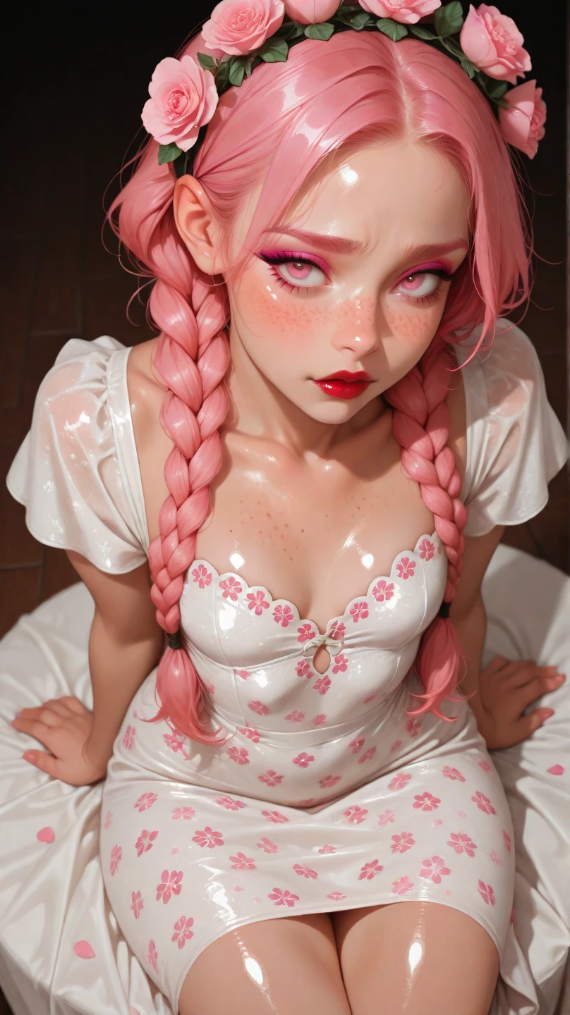 A realistic rendering of an Anne Anderson style illustration of a very close shot, ultra close shot on the breasts  of a pert, nubile, thin, freckled  teen   girl with 50s style,  blue hair, bows in hair, slight smile, slightly smiling, topless, best quality, tiny breasts, bare breasts, small breasts, bare crotch, exposed crotch, open legs, legs spread open,  pink nipples , puffy nipples , exposed nipples , wearing a clear, pink, plastic body armor, clear pink plastic armor, clear, pink, plastic body harness, clear, pink, plastic body cage,  pink bondage straps, black, spiked  choker necklace, black leather jacket,  a silver chain wrapped around body, open, white blouse, white lace collar, pastel lace, pastel lace straps under nipples, pastel lace straps under breasts,  open light blue, fuzzy sweater, undressing,        
  uniform, partially clothed, sitting  in a bondage harness swing, in a darkened, pink, neon lit, 1950s teen girl's bedroom, glowing pink, neon lights, full of bondage straps,, ultra close shot on breasts, very, very close shot on breasts 