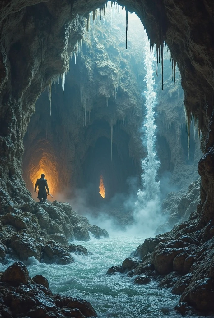 dungeon in lurray caverns with hot steaming water pouring out and splashing at angry cave monsters