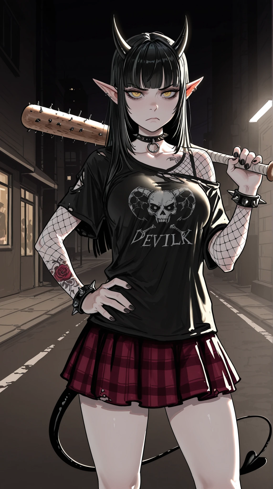 HDR, 8K, masterpiece, best quality, amazing quality, very aesthetic, newest, volumetric lighting, (flat colors:0.7), (incase:0.3), (tsuaii:0.3), devil horns, devil tail, bright yellow eyes, black hair, hime cut, double parted bangs, frown, nail bat, pale skin, punk, hand in hip, baseball bat, hand up, exposed shoulder, collarbone, cowboy shot, 1girl, punk fashion, streaked hair, looking at viewer, white_trim, torn t-shirt, standing, full body, street, at night, short skirt, plaid skirt, leg fishnets, torn fishnet, tattooed arms,spiked choker, spiked bracelet, 1female, (mature female) ,medium breasts, sightly muscled , elf ears, detailed eyes, Sinozick_illu, g1gzagu123_illu