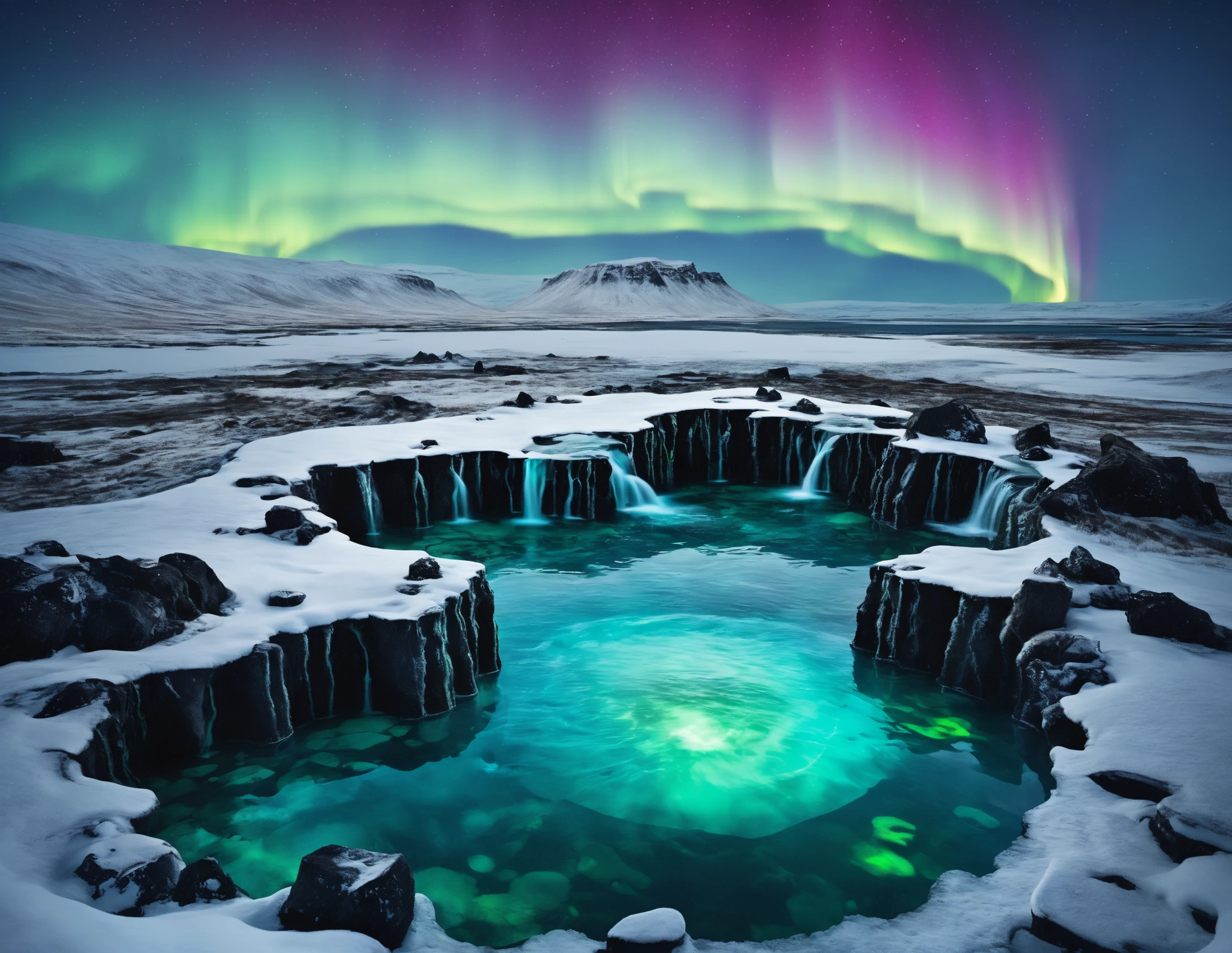 A vast icy plain in Iceland, under the spellbinding dance of the Aurora Borealis. The ground is a tapestry of snow and ice, glistening under the ethereal green and purple lights of the aurora, reflecting the sky's mesmerizing colors. In the distance, silhouettes of distant mountains line the horizon, adding depth to the landscape. Capture this scene with a focus on the crisp clarity of the ice and the dynamic movement of the aurora. Utilize long exposure to render the aurora's movement as a fluid, glowing curtain over the stark, frozen landscape. Enhance the scene with the use of a cold color temperature to emphasize the icy environment, while maintaining the aurora's vibrant colors. Incorporate a high dynamic range (HDR) technique to balance the exposure between the dark ground and the bright sky, ensuring detailed textures in the ice and snow are visible under the night sky