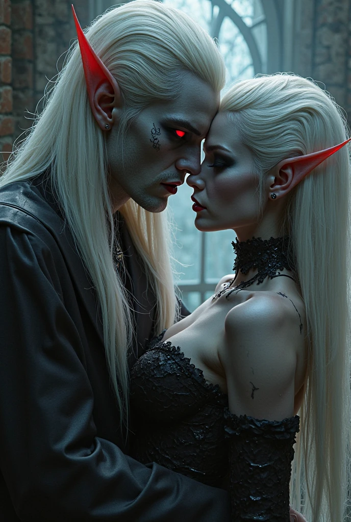 Beautiful vampire man with a short white curled hair, elven ears and predator red eyes. He is kissing another elf, a male with long white hair and silver eyes, wide cheekbones and aquiline nose. Both males appeared to be about 40