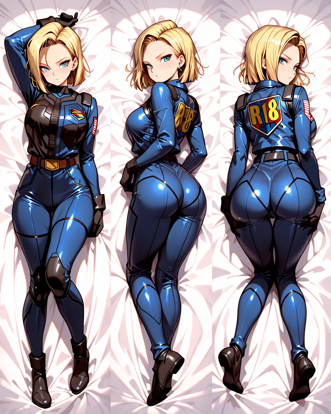 (masterpiece, highest quality, best quality, official art, beautiful and aesthetic: 1.2), (1girl), extremely detailed, (fractal art: 1.3), colorful, highest detailed, perfect face, upper body, HDR, ), vivid visual effects, (dynamic stripes, luminous traces: 1.2),, ass focus, ass, large ass, bare ass, naked ass, nude, ass window, sexy, wide hips, thicc figure, Detailed blue eyes, Detailed face, Detailed eyes, perfect face, perfect eyes, wearing blue bodysuit, back view, looking back at viewer