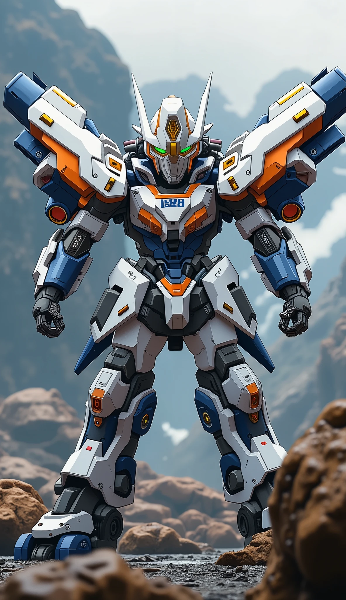 Masterpiece cinematic illustration: A male-form biomimetic humanoid Mecha, balancing heavy armor with agile design, stands heroically. It floats high above a sprawling, hyper-detailed futuristic sci-fi city. Features glowing green eyes, fully enclosed shoulder guards, articulated arm and leg guards with embedded gemstones. Its organic biotech full-body armor, primarily pristine white and deep blue with vibrant red and polished gold accents, emits a subtle, ethereal glow. Inspired by classic Super Robot anime, rendered in an exquisite, mature, and highly detailed artistic style. Metallic textures, dramatic cinematic lighting, natural light interplay. RAW photo aesthetics, UHD, 32k, ultra-fine painting, anatomically precise, symmetrical design, with exceptionally detailed optics. A professional, high-quality, creative vision.