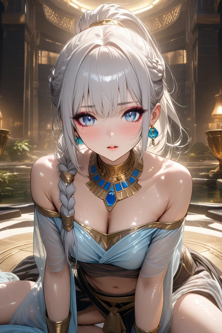 (best quality, high resolution, masterpiece:1.2), Super detailed, Beautiful and delicate lake green eyes, Beautiful and delicate lips, extremely detailed face, super long hair, 1 girl, royal members, Beautiful girl with golden beige hair, (Wearing a royal blue royal costume), see-through chiffon platinum shawl, (gold ornaments), golden and silver pattern, (light blue pattern), (complex pattern:0.5), Lovely, attractive, portrait, delicate eyes, Luminous earrings, Reflective pupil, royal clothing design, see-through detail clothing design, (empty:0.7), chiffon, (see-through chiffon), (lace:0.7), black gloves, Diamond choker, Diamond ring, Diamond hairpin, medieval european castle, Super high quality skin, Real skin texture, super high detail, anime, Realism, 8K, UHD, ccurate