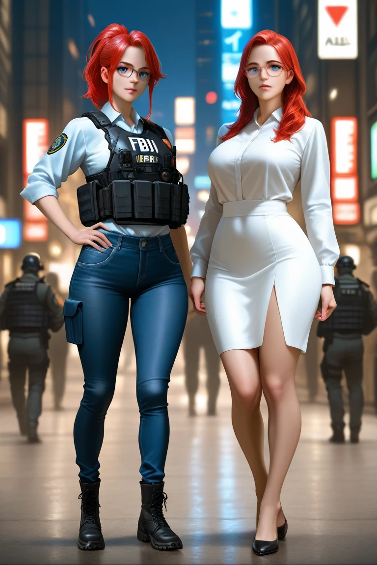 Three tall girls on the lfe left, three tall girls in the right, short man in the middle, the girls are much taller than the man, girls have big  and cleavage, girls are wearing black, man is wearing blue shirt, girls are standing barefoot, man is wearing shoes,
