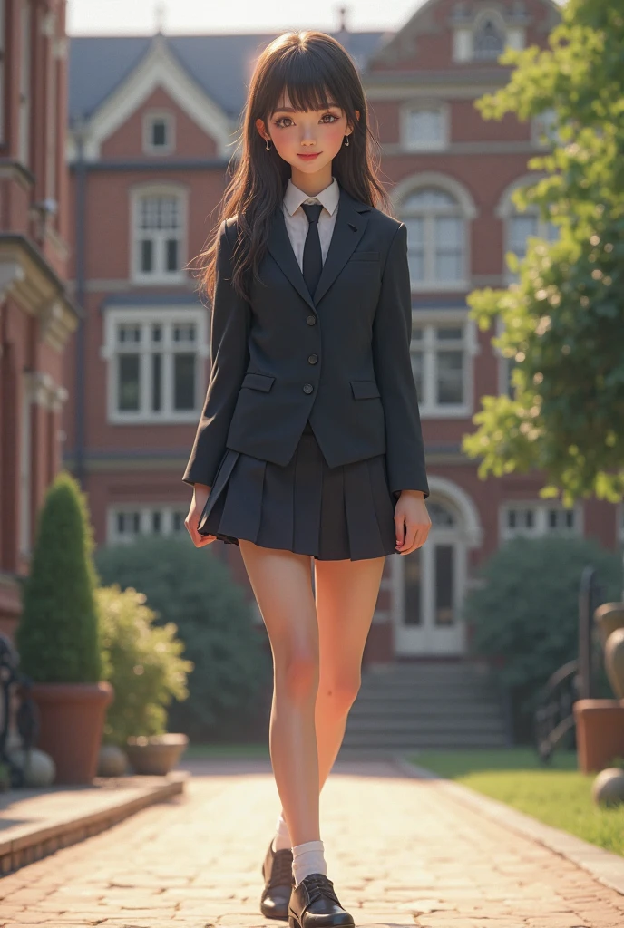 Best quality, Full body portrait, Delicate face, Pretty face, 16yo woman, Slim figure, Large bust, Student uniform, short skirt, black pantyhoses, Barefoot, Outdoor scene, Sitting position