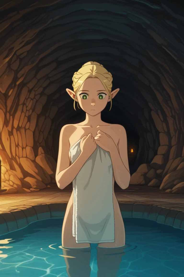 botw style, Princess Zelda, blonde hair, short hair, pointed ears, perfect face, big breasts, breast apart, light nipples, small nipples, erect nipples, big thighs, naked, topless, bottomless, running, running with arms aside, pleasure face, nervous smile, blushing, steaming, sweating, outdoors, fuera de una villa