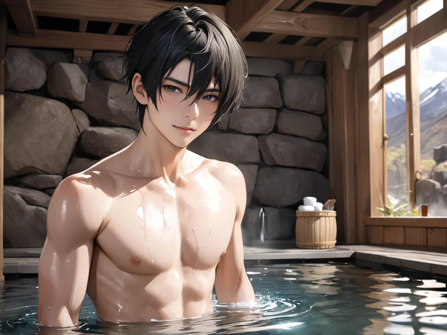 15-year-old boy , thin, Slim body, Very white skin,high, Asia, I have a little six-pack., sexy, Onsen, Wear a towel, There are deer antlers on the head., Looks excited. ,pink nipples, I&#39;m a little wet.