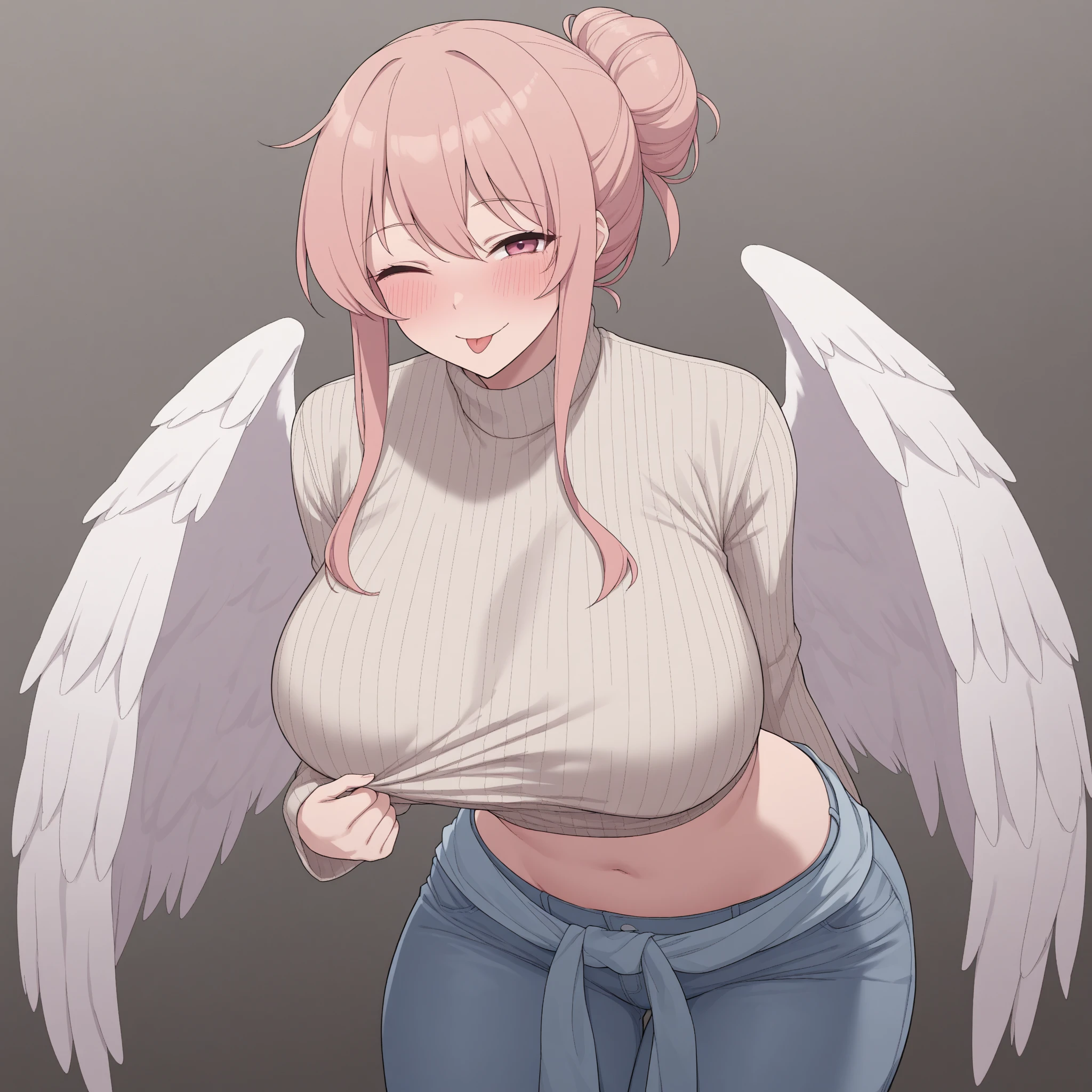 masterpiece, best quality,solo, wearing only oversize white shirt, shoulder slip,cleavage,large breasts ,dark red hair ,short sleeves, thighs,yellow eyes , sakurauchi riko love live , standing , breathing, masturbating, looking at viewer , simple red background , semi closed eyes, sweating , black feather wings , arms behind back