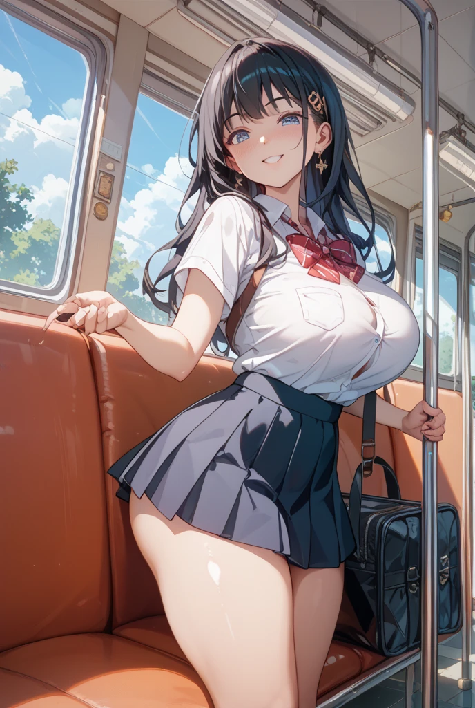 ((masterpiece)), ((best quality)), (ultra-detailed), ((kawaii)), cute, (lovely), ((sexy)), ((extremely detailed)), 4K, (8K), best quality, (beautiful), in the middle, on the train, daytime, summer, a pretty woman, solo, miniskirt, beautiful black hair, beautiful brown eyes, ((beautiful eyes)), white-skinned,long ponytail, swept bangs,lip, large breast, earrings, necklace, smile,parted lips,standing