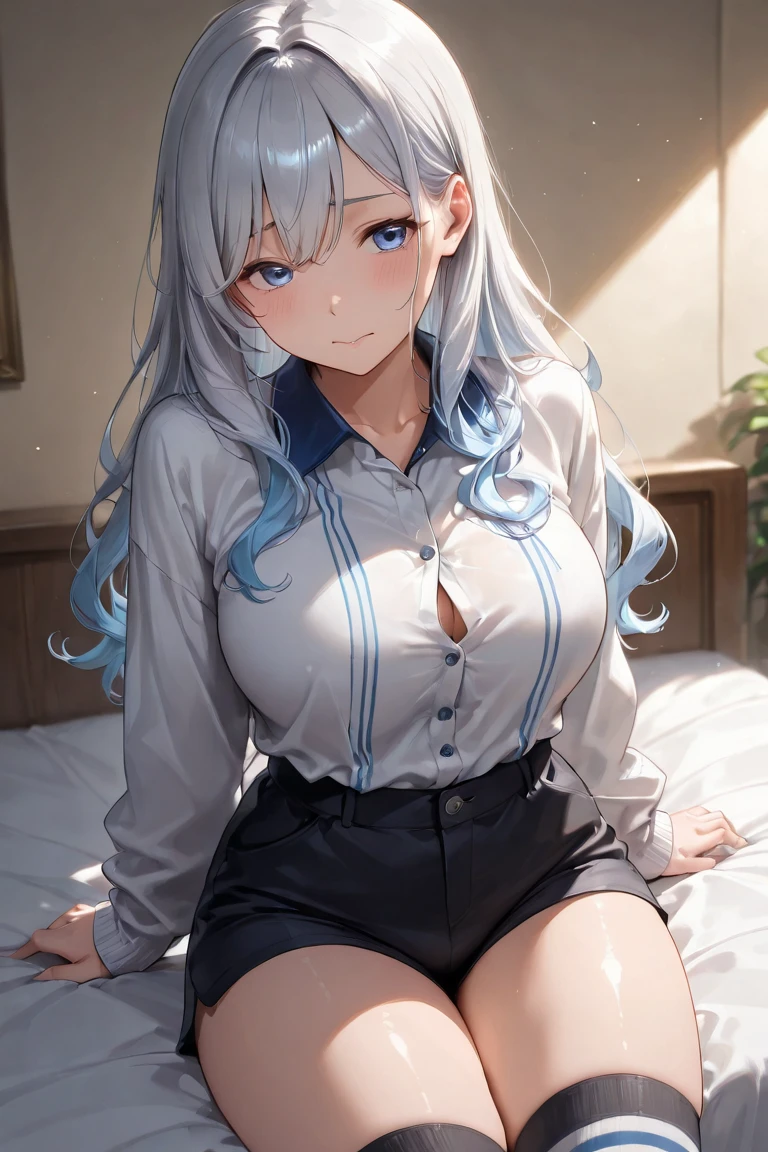 (8K, Best Quality, Masterpiece:1.3)), Ultra High Resolution, (One Girl, One Person), (Color Changing Eyes, Super Detailed, Expressive Sparkle, Sparkling, Glowing Eyes), Highly Detailed Eyes, Highly Detailed Face, Random Hair, (Silver Gray Color), "A woman lying on her back wearing a blazer with a low neckline." The background is the school nurse's office, lined with beds and curtains. It is after school, and the soft light from the window warmly illuminates the entire nurse's office. The woman is lying on her back, her silver hair spread across the pillow.

She is wearing a black blazer with a low neckline. The V-shaped cut of the blazer accentuates her chest, and a cute light blue bra is visible underneath. The bra is decorated with lace and ribbons. The skirt of her uniform is slightly lifted, and the skirt above her knees hangs over the edge of the bed.

She is wearing a peaceful smile with a slight blush. Her figure blends in with the tranquil atmosphere of the nurse's office, and the lighting in the background adds a soft glow to the whole image.
