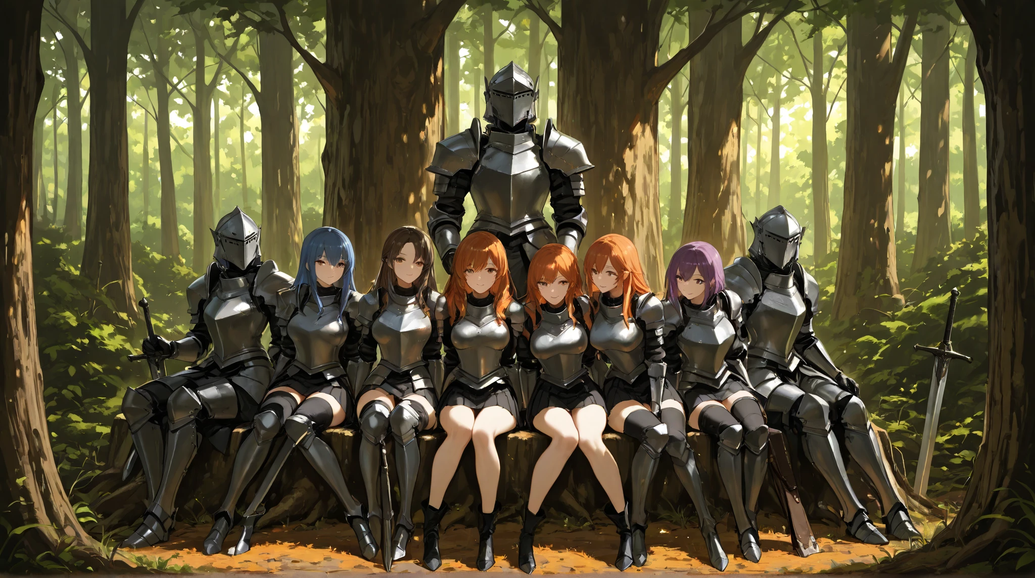 Create an image with 3 armored women, an alpha mage, a human knight and a goblin archer