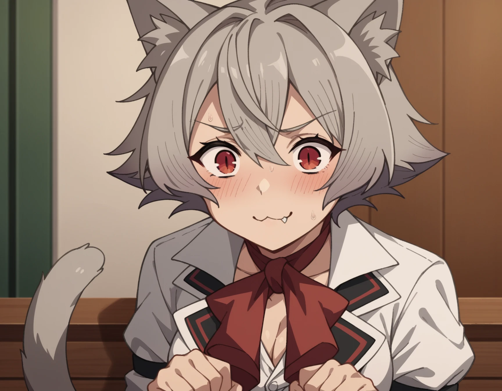 cheek bulge, naked, erotic, ero, 18+,, pov crotch, 1girl,close up, face focus, 1boy,penises, oral, on the bedroom, Irrumation ,fellation , minet, cum mouth , looking at viewer,frown, naked Short silver hair, red detailed sparkling eyes, cat ears