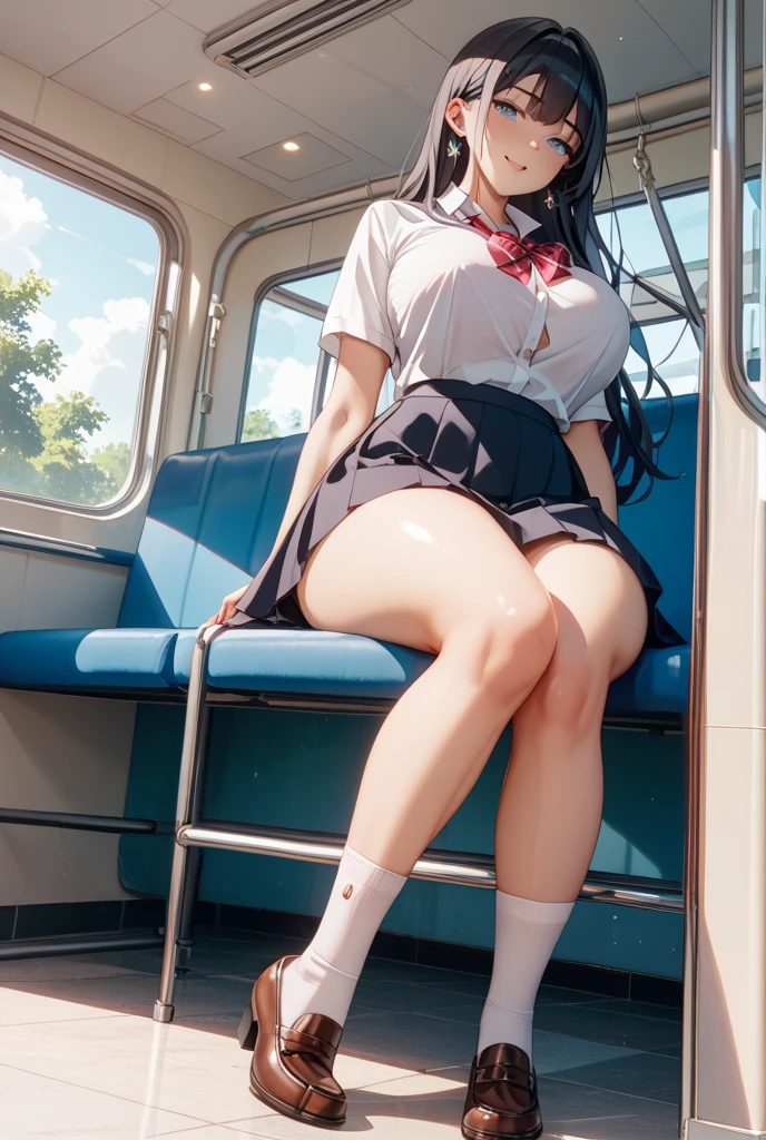 Highest quality、8K、Realistic、Bright lighting、Morning light、17 years old、high school girl、通学中のhigh school girl、very cute、Fair skin、Face Light、Captivating eyes、(Droopy eyes:1.3)、Open your mouth a little、blush、(Long pink hair with bangs)、Earrings、necklace、Shiny skin、Beautiful skin tone、Big Breasts、((Perfect Anatomy))、((Perfect limbs))、((Thin hands、Thin fingers))、(High School Uniform)、(Red ribbon at collar:1.6)、((White short sleeve shirt:1.5))、(A very short white short-sleeved shirt:1.5)、(The shirt is open wide、You can see the cleavage well:1.8)、(The shirt is open wide、The underboob is exposed:1.8)、((Navy checkered pleated mini skirt:1.8))、((Spread your legs wide、Lift your legs:1.5))、(White lace panties are exposed:1.5)、(Luxury white lace panties:1.5)、((Angle from below:1.3)、(Focus on the groin:1.8)、(Looking down、Display in viewer:1.3)、Very slim legs、Beautiful legs、in the train、
