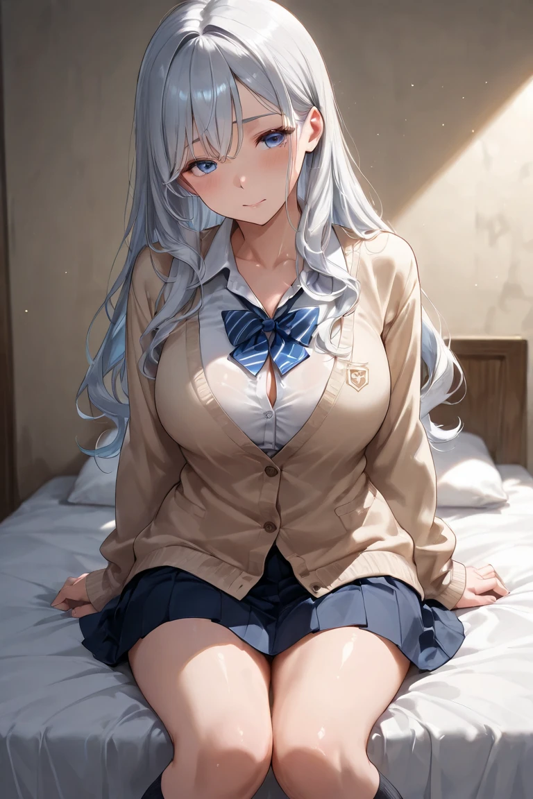 (8K, Best Quality, Masterpiece:1.3)), Ultra High Resolution, (1 Girl, 1 Person), (Color Changing Eyes, Super Detailed, Expressive Sparkle, Sparkling, Glowing Eyes), Highly Detailed Eyes, Highly Detailed Face, Random Hair, (Silver Gray Color), "Woman Wearing an Open-necked Blazer". The background is the school nurse's office, lined with beds and curtains. It is after school, and the soft light from the window warmly illuminates the entire nurse's office. The woman is captured at an angle that emphasizes her upper body, and her silver hair is tied in a side ponytail.

She is wearing a dark blue blazer with a wide open neckline. The V-shaped cut of the blazer emphasizes her chest, and underneath you can see a cute white and pink striped bra. The bra has small ribbon and lace details, and the fabric of the blazer fits her body. The skirt of the uniform is above the knees, and the front of the blazer appears to be slightly open.

She is smiling shyly, blushing a little. Her figure blends in with the tranquil atmosphere of the nurse's office, and the lighting in the background adds a soft glow to the whole image.