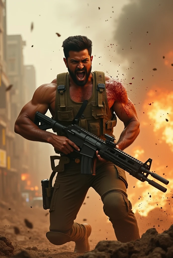 The muscular Rambo is fighting a group of soldiers in an abandoned factory.