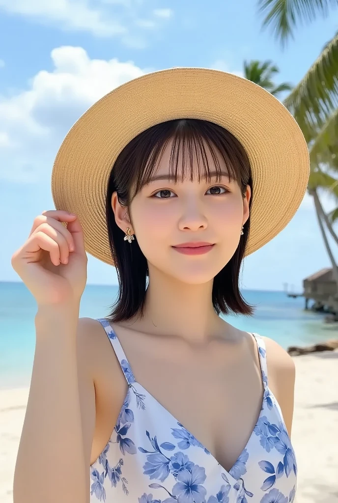 ((Best Quality, 8K, Masterpiece: 1.3)), (Sunscreen Straw Hat: 1.3), Focus: 1.2, Perfect Body Beauty: 1.4, Buttocks: 1.2, (Layered Haircut: 1.2)), (Dark Street: 1.3), Highly detailed face and skin texture, Full body, Fine eyes, Double eyelids, Whitened skin, Long hair, (Round face: 1.5), (Dress: 1.6). Smile by the sea