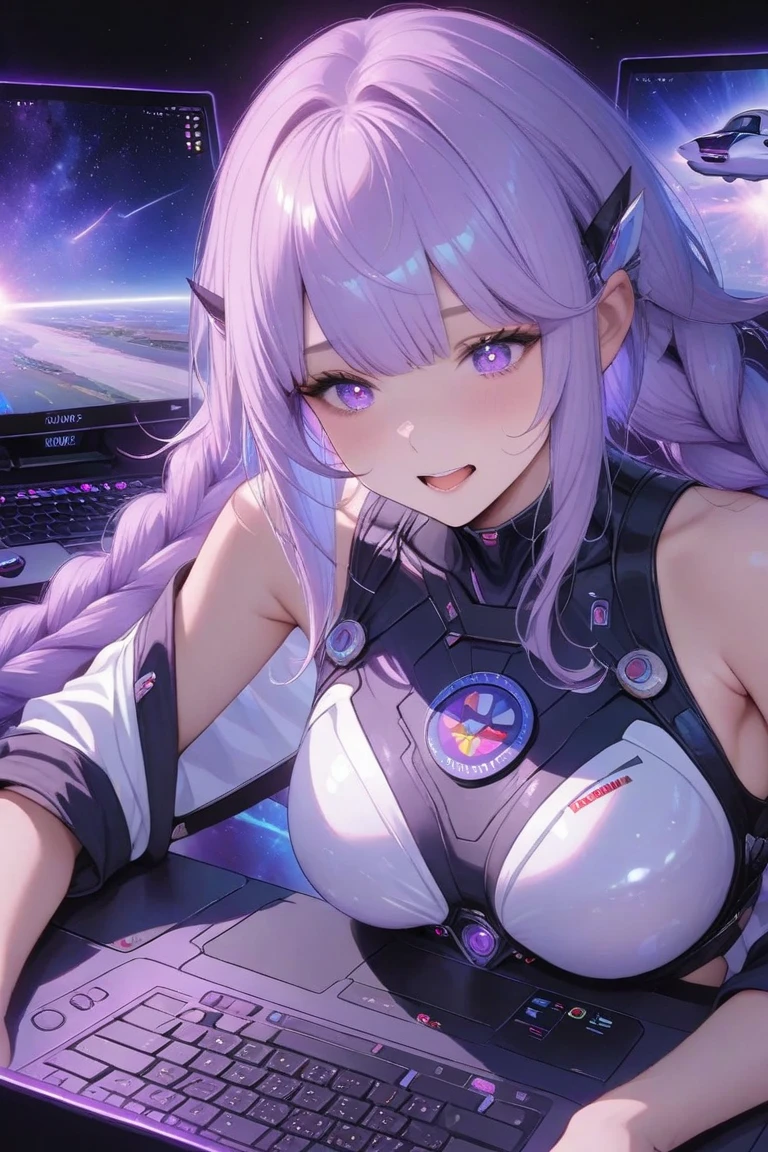 ,cyborg girl, azur lane style, Blue pink gradient hairstyle Superb upper body Big breasts Danfeng eyes 8k