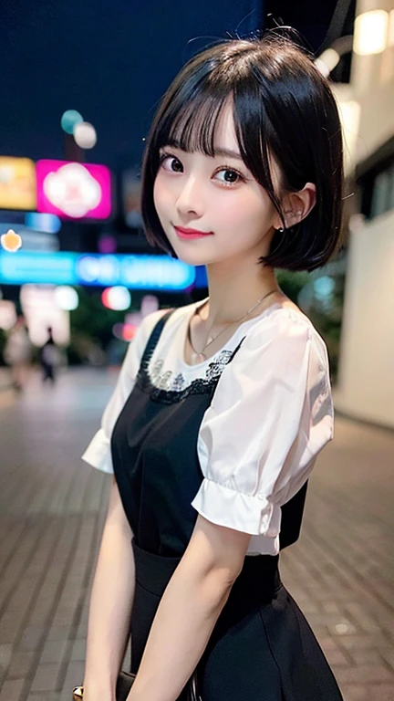 a closeup, masterpiece, top-quality, FULL ANATOMY、Raw foto, Photorealsitic、(Cute little face:1.5)、(Very cute smile:1.7)、(Looking at the camera)、(with round face:1.9)、(pinafore:1.4)、(Black eyes、A dark-haired:1.8), depth of fields, hight resolution, ultra-detailliert, finely detail, ighly detailed, extremely detailed eye and face, Realistic person,(Realistic background:1.9), (accurate hands、accurate fingers:1.5), foco nítido, Cinematic lighting、18-year-old woman、、(Only one person、without background:2)、 (short-cut:1.4)、Very detailed 8k wallpaper、Show me your whole body、Looking at the camera、Angle from below、(Thigh close-up、large full breasts:1.6)、(Nice figure、Clothes with emphasized chest bulge、big breasts thin waist)、Background depth of field