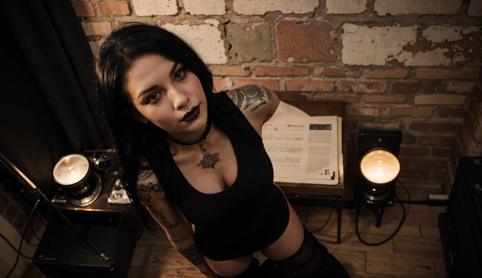 stylized artwork of soft filter. grunge filter. photorealistic. 8k. cinematic, very high resolution. maximum resolution. ultra realistic. unique beautiful face, realistic face, retro grunge photo ascetic. grunge chinatown graffiti, sexy, tattooed, Marilyn Manson, teen cute sexy goth girl, in marijuana plants buds crop, skimpy sexy red gym outfit