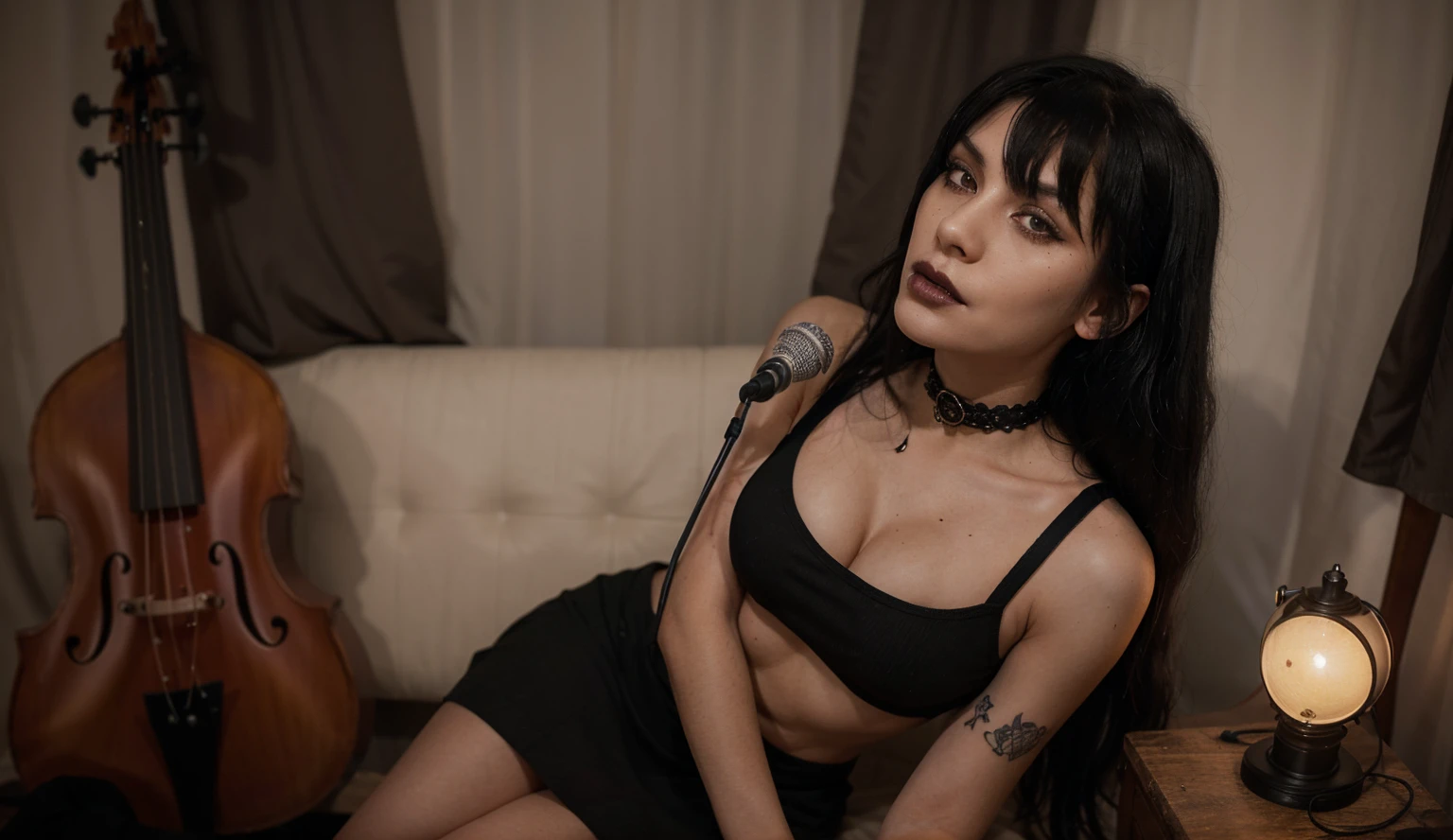 Digital photography of (1girl,detailed skin,long eyelashes),(23 years-old),(petite body), (very skinny body type:1.1), (very small breast size:1.1), (wearing black satin and lace lingerie:1.1), sitting on a couch, dynamic angles,masterpiece,(detailed),(perfect skin),sitting, (black long hair:1.2), flat lighting, (soft saturation:1.2), (pastel yellow neon lights:1.1),