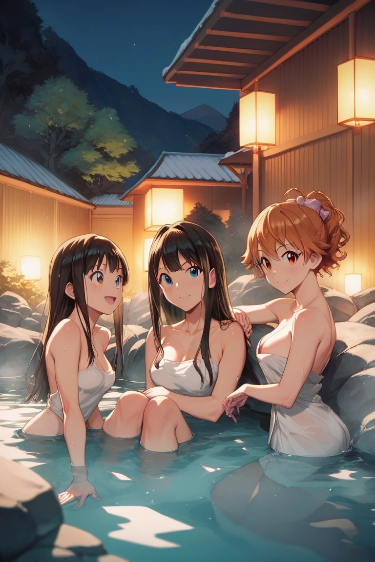 (masterpiece), best quality, (16k), expressive eyes, perfect face, lady, 3 girls, large breast, navel, (((topless))), (((wet cobalt blue solid pencil mini skirt))), bare arms, bare legs, shiny skin, wet body, outdoors, in the pool, wading, brown hair, wet hair, Lower ponytail, brown eyes, :), standing, (cowboy shot), (from front),