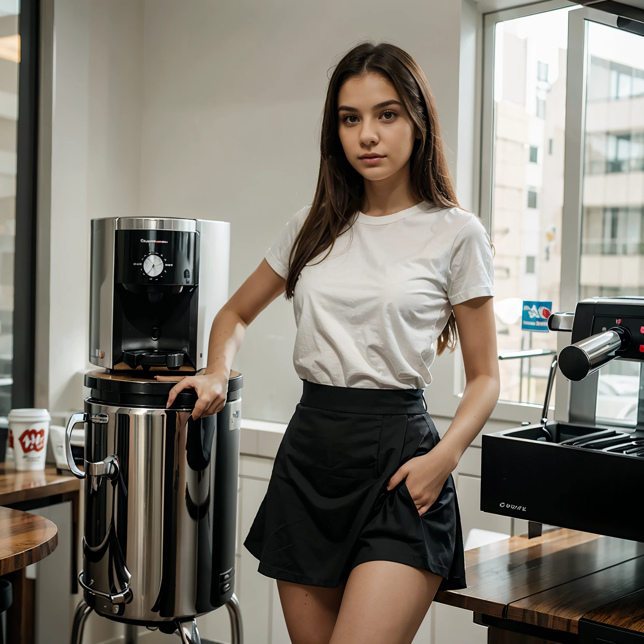 tanned girl, sexy tight red dress, skirt slit, smile, long straight black hair, (holding black thermos:1.5)