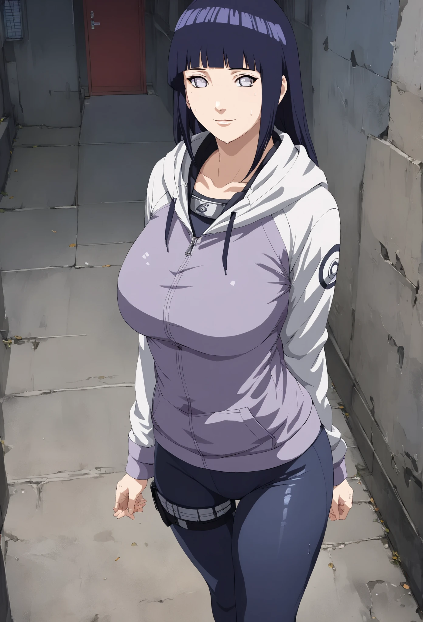 1girl, Hinata Hyuga, long hair, blunt bangs, dark blue hair, white eyes, konohagakure symbol, purple and white hooded jacket, large breasts, big butt, tight leggings, sweaty butt, sweaty leggings, smelly butt holster post-workout, hoodie, zipper, seductive smile, looking at viewer, (masterpiece, best quality, Professional, perfect composition, very aesthetic, absurdres, ultra-detailed, intricate details:1.3)