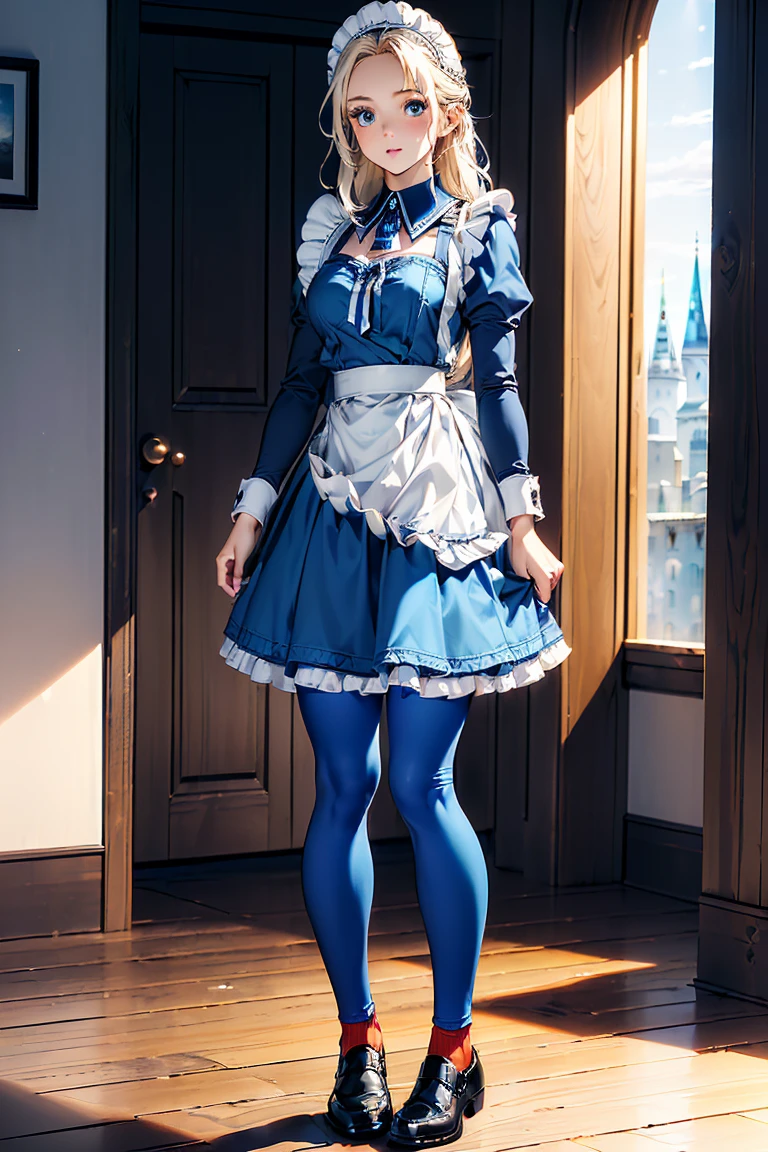 full body standing straight symmetrical, huge boob(masterpiece, best quality:1.2), cowboy shot, solo, 1girl, mmplatz, smile, looking at viewer, hands on hips, twintails, twin drills, dress, blue pantyhose, striped pantyhose, Handcuffs on their hands, With a collar around the neck