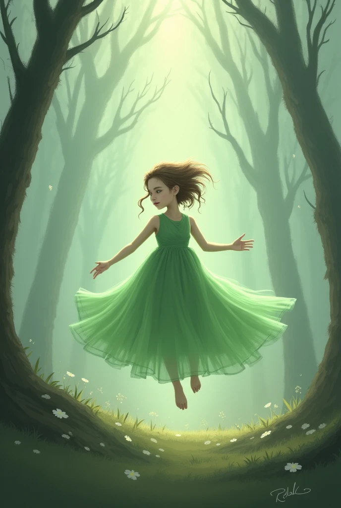 A painting of a woman in a green dress walking through a forest - SeaArt AI