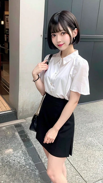 30yo girl, duch angle, greate smile, masterpiece, highest quality, (Highly detailed 8k wallpaper) (highest quality), (Best illustrations), (Best Shadow) nature, city view, cloud, Super detailed, thunder cloud、smile、eating soft serve ice cream (icecream), White Shirt、Business suit, black tight long skirt、shoulder bag, splush, shiny, shiny skin, shiny hair, floating short black hair, brown eyes, upper body, looking away,