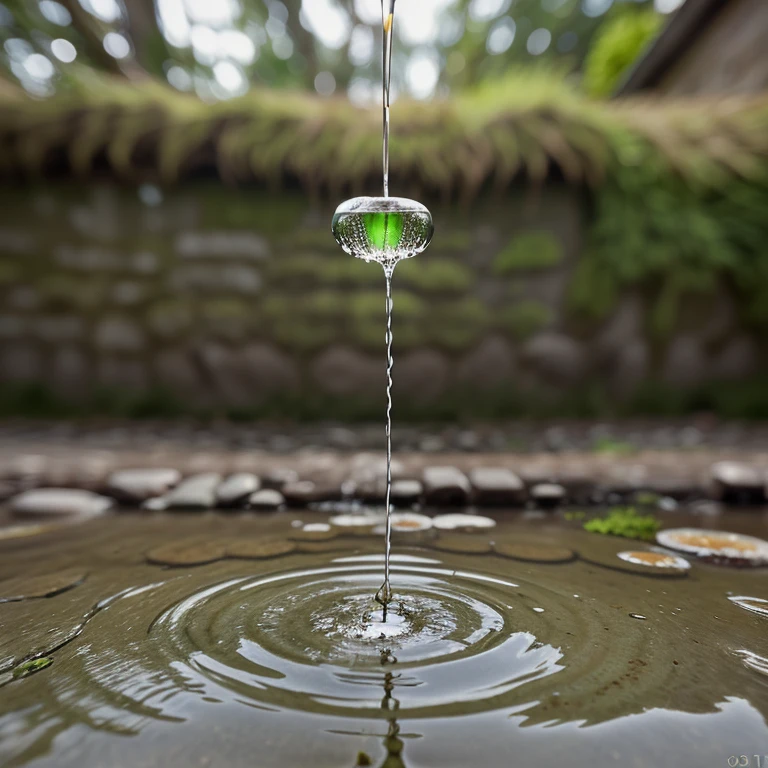 there is a small drop of water coming out of a bamboo pipe, water dripping, tear drop, drops, dripping water, trickling water, water droplet, raindrop, wet dripping, drip, drop of waters, bamboo, dripping, drips, water pipe, tear drops, focus on droplets, droplets, sake, dripping with water, tears