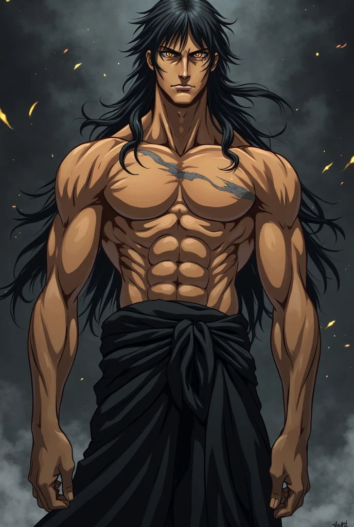Anime Man with long hair black and red. bright yellow eyes, very muscular with a halo above his head and small halos around his wrist. Dark black jeans with white shoes and 2 swords hilt on each side of his waist