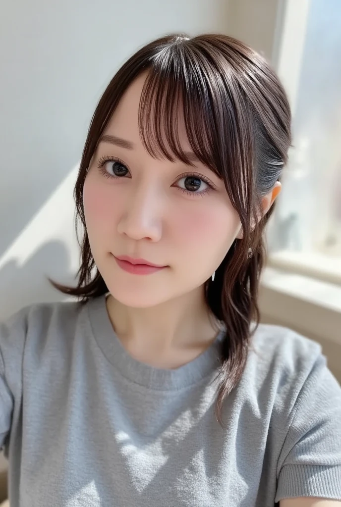 Japanese women、33 years old、(Selfie style:1.2)、Upper body projection、Brown Hair、Random hairstyle、narrow eyes、No makeup、Professional and delicate black eyes、Delicate skin、Rough skin、Random and subtle background、Random Face、(Casual attire:1.5)、(Random Face:1.7)、dry skin、Busaic face、Low image quality