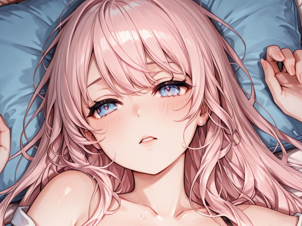Fantastic shiny pink hair，animal ears，，the eyes are pink，She's a pretty girl，master piece、Highest image quality、highest quality、girl、((embarrassed expression:1.3))、(shy face)、(not wearing clothes)、naked、petite、lie down in bed、forced to spread legs、slender body shape、small nipples、Lustrous hair、ample breasts