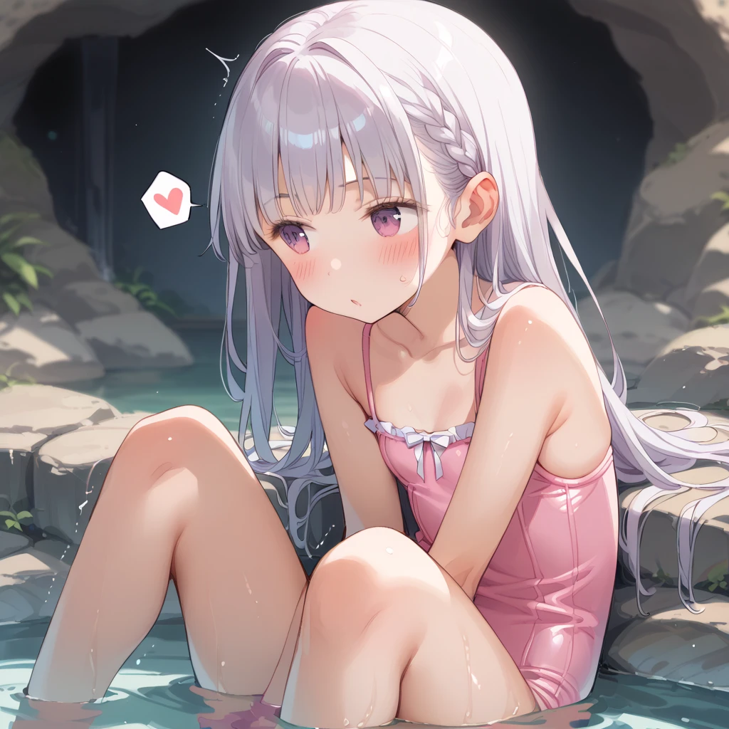 (white competition swimsuit:1.4),pink line,sweat,(see through swisuit:1.2), Two girls, poolside,smile,swiming,